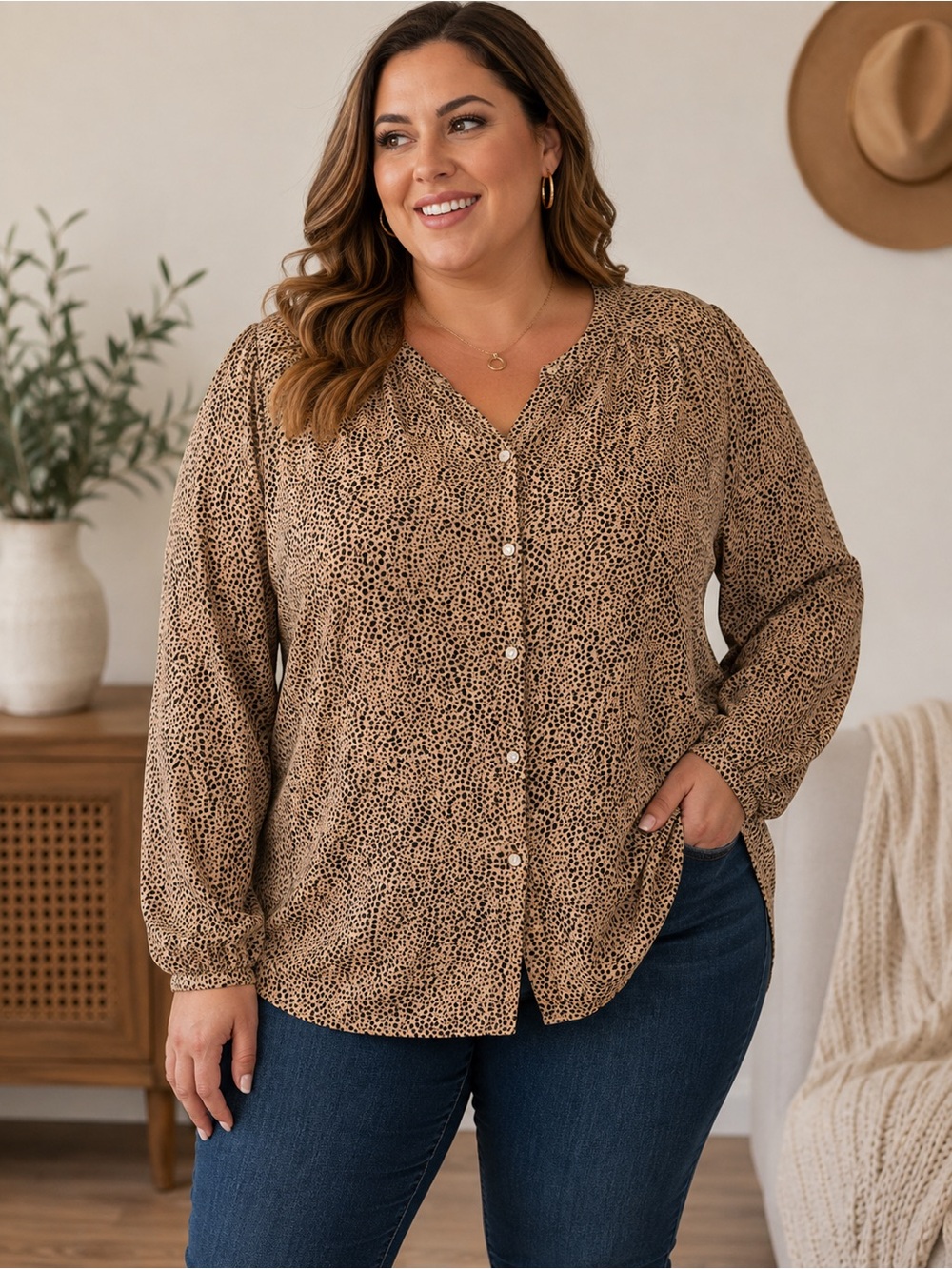 Old Navy Beige and Black Printed Button-Down Shirt